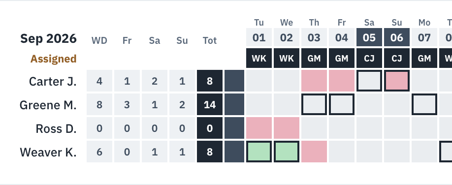 Screenshot: the scheduling grid
